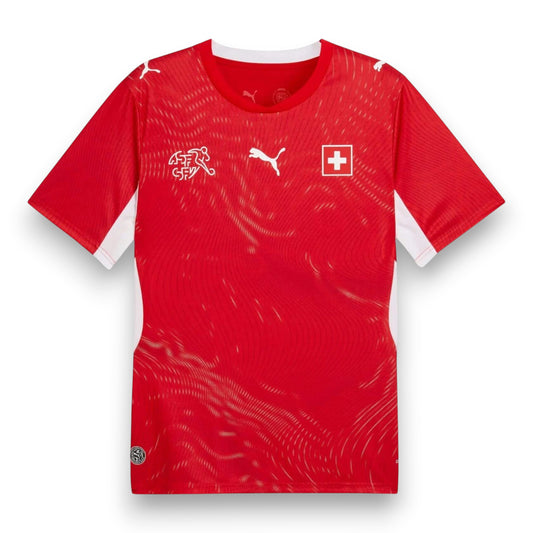 GOATkitz Switzerland 2026 adult home jersey in red with white accents and subtle wave pattern. Features Puma logo and Swiss flag.