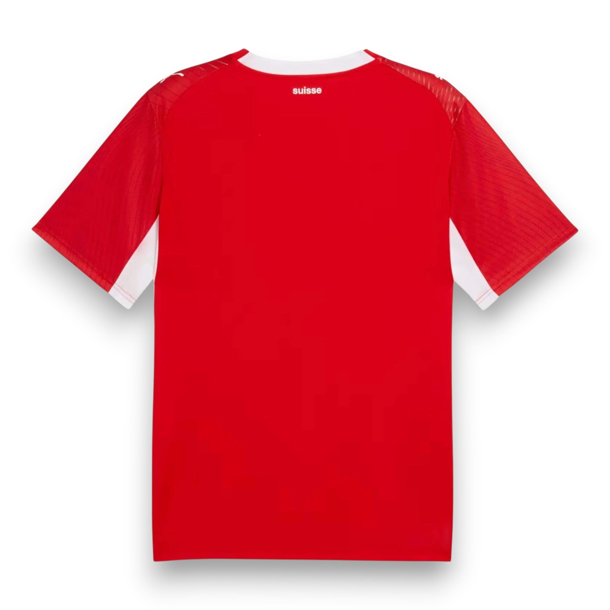 GOATkitz Switzerland 2026 adult home jersey, red with white trim and subtle textured sleeves. Customizable.