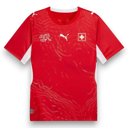 GOATkitz Switzerland 2026 kids red football jersey with white accents and graphic pattern. Features Puma logo and Swiss flag.