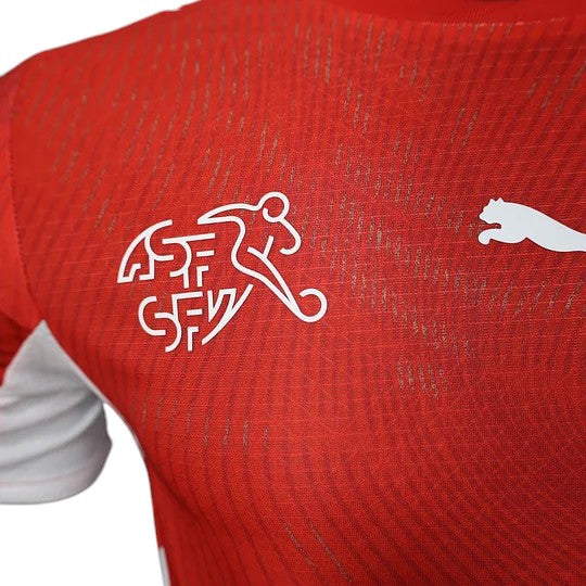 GOATkitz Switzerland 2026 player version red football jersey with white Puma logo and national crest. Lightweight, breathable fabric.