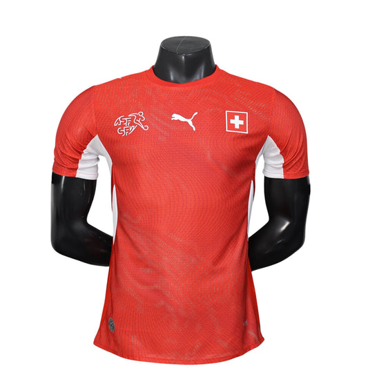 GOATkitz Switzerland 2026 player version home jersey in red with white accents. Features Puma logo and Swiss cross.