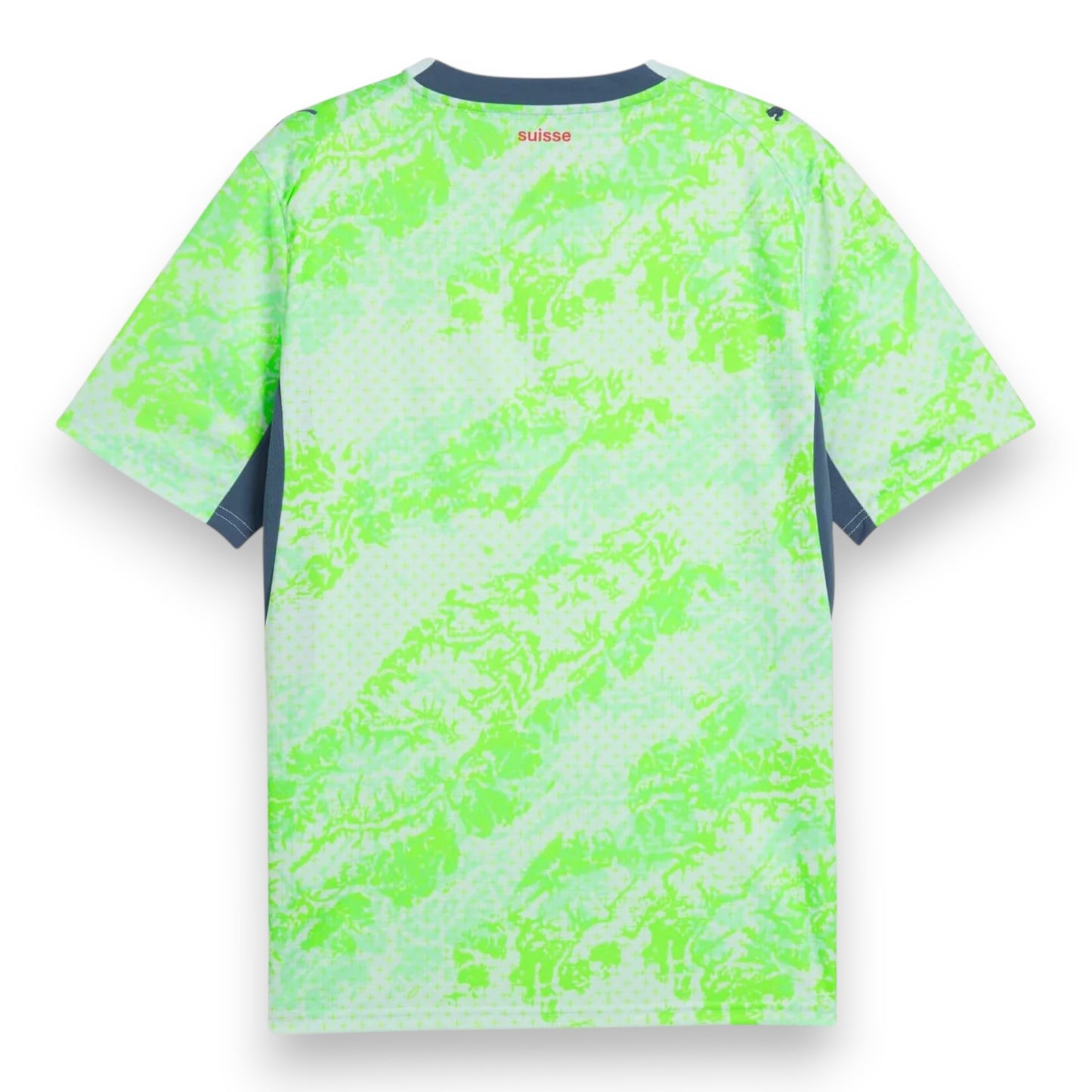 GOATkitz Switzerland 2026 Adult Away Jersey in neon green with a topographic map pattern and grey side panels.