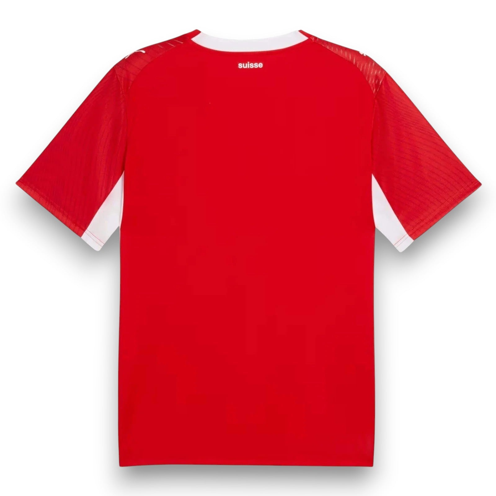 GOATkitz Switzerland 2026 kids home jersey, red with white accents on sleeves and collar. Customizable.