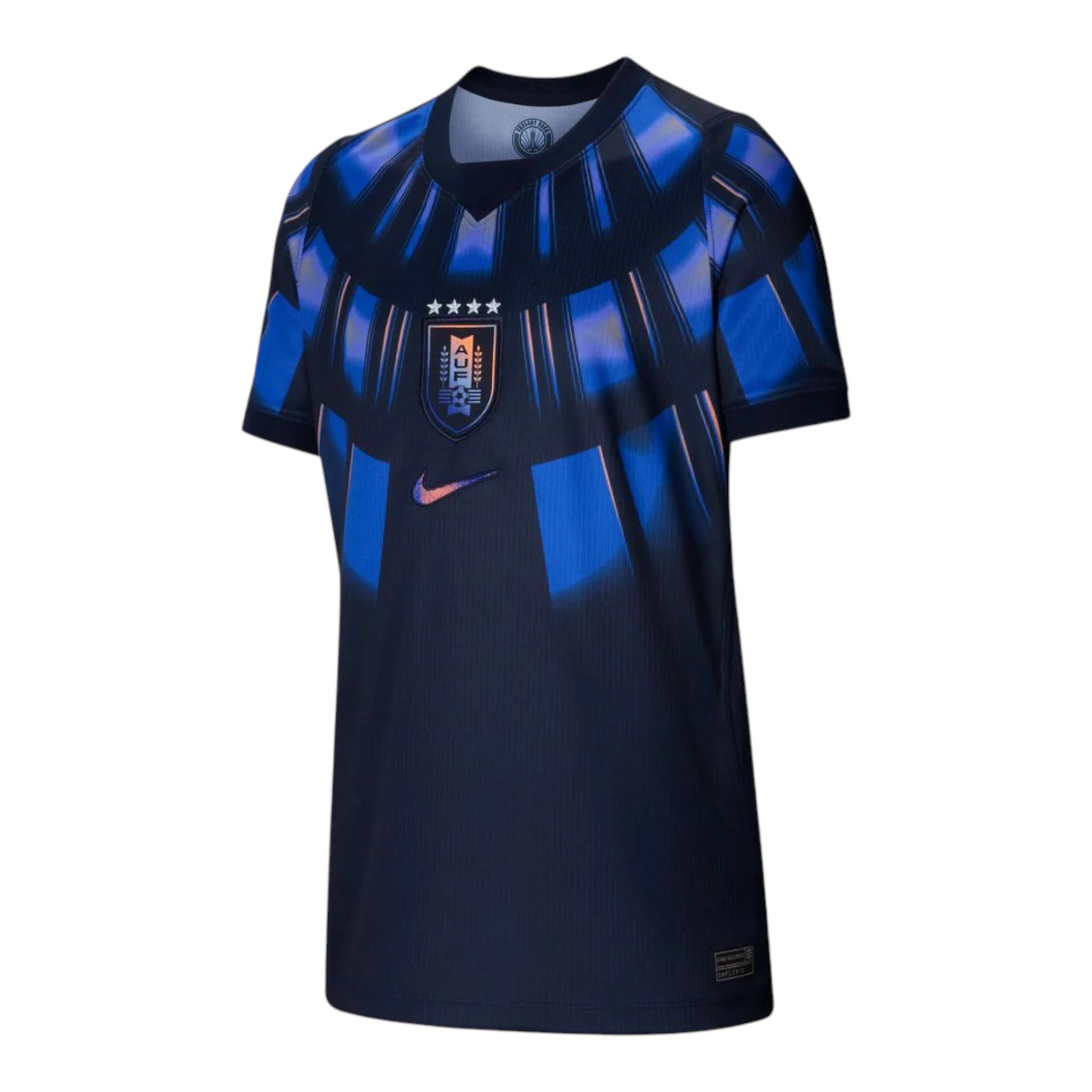 GOATkitz Uruguay 2026 Adult Away Jersey, dark blue with blue and orange graphic details, V-neck, short sleeves, customizable.