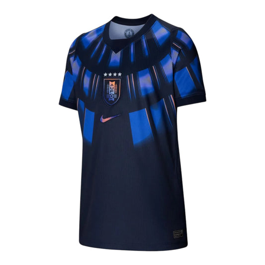 GOATkitz Uruguay 2026 Adult Away Jersey, dark blue with blue and orange graphic details, V-neck, short sleeves, customizable.