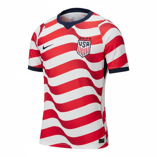 GOATkitz USA 2026 Adult Home Jersey with red and white stripes, navy collar and cuffs, and USA crest.