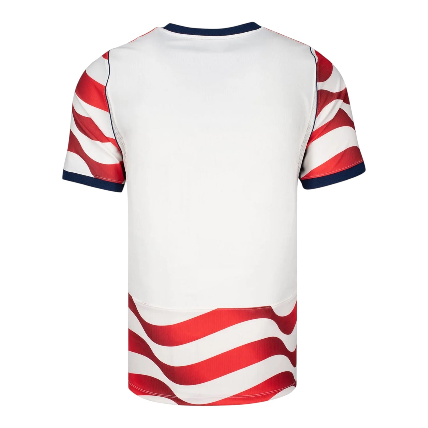 GOATkitz USA 2026 Adult Home Jersey, white with red and blue wavy stripe accents on sleeves and hem, navy collar and cuffs.