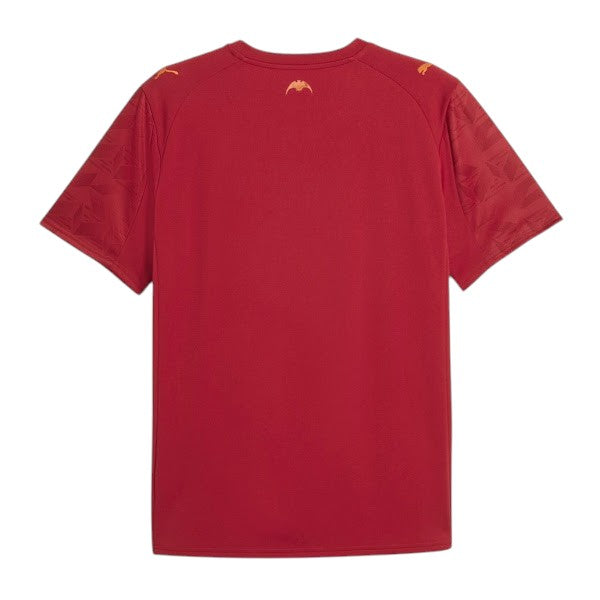 GOATkitz Valencia 2025-26 adult away jersey in red with orange accents on the sleeves and collar. Features a subtle geometric pattern on the sleeves.