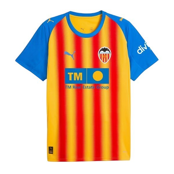 GOATkitz Valencia 2025-26 adult third jersey in orange and red stripes with blue sleeves. Features Puma logo and team crest.