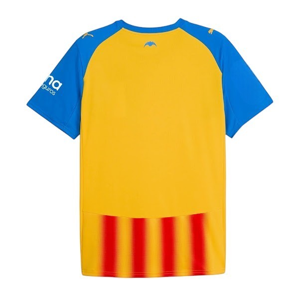 GOATkitz Valencia 2025-26 adult third jersey, yellow with blue sleeves and red/yellow striped hem. Customizable.