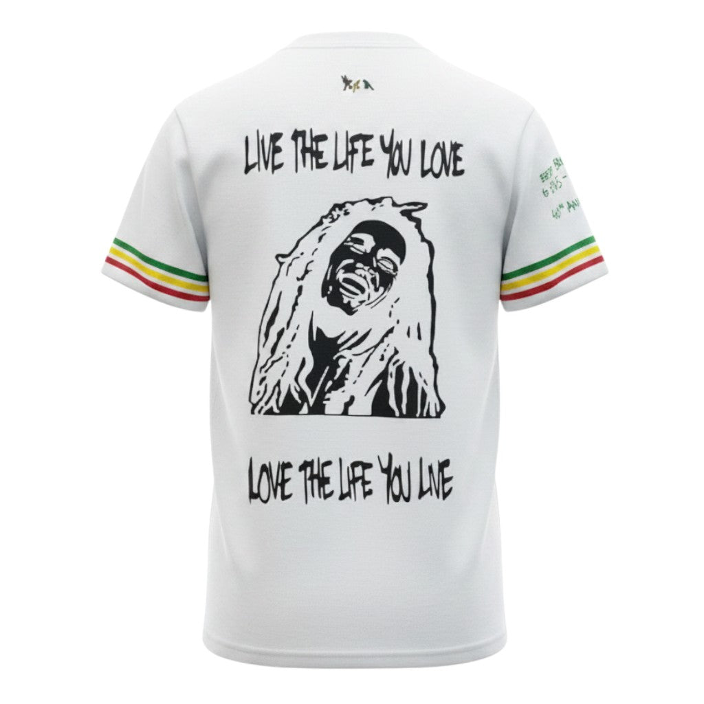 GOATkitz white t-shirt with Bob Marley graphic and "Live the life you love" text. Features red, yellow, and green striped sleeves.