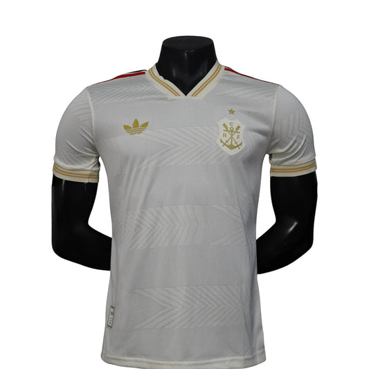 GOATkitz white Adidas soccer jersey with gold trim and crest, featuring a subtle chevron pattern. Player version, customizable.