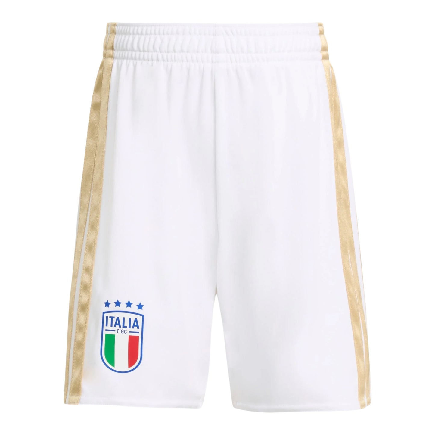 GOATkitz white kids' soccer shorts with gold side stripes and the Italy crest.