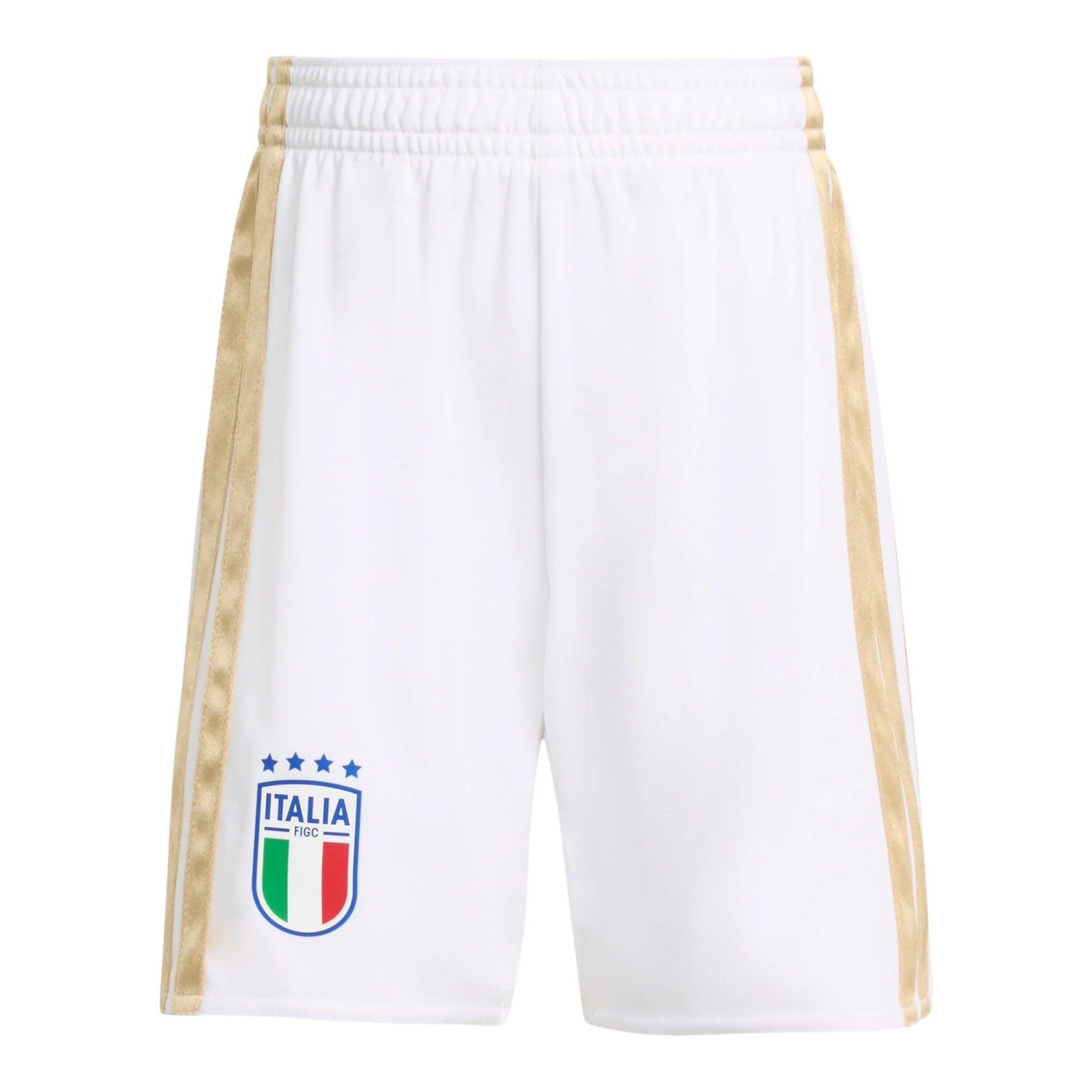 GOATkitz white kids' soccer shorts with gold side stripes and the Italy crest.