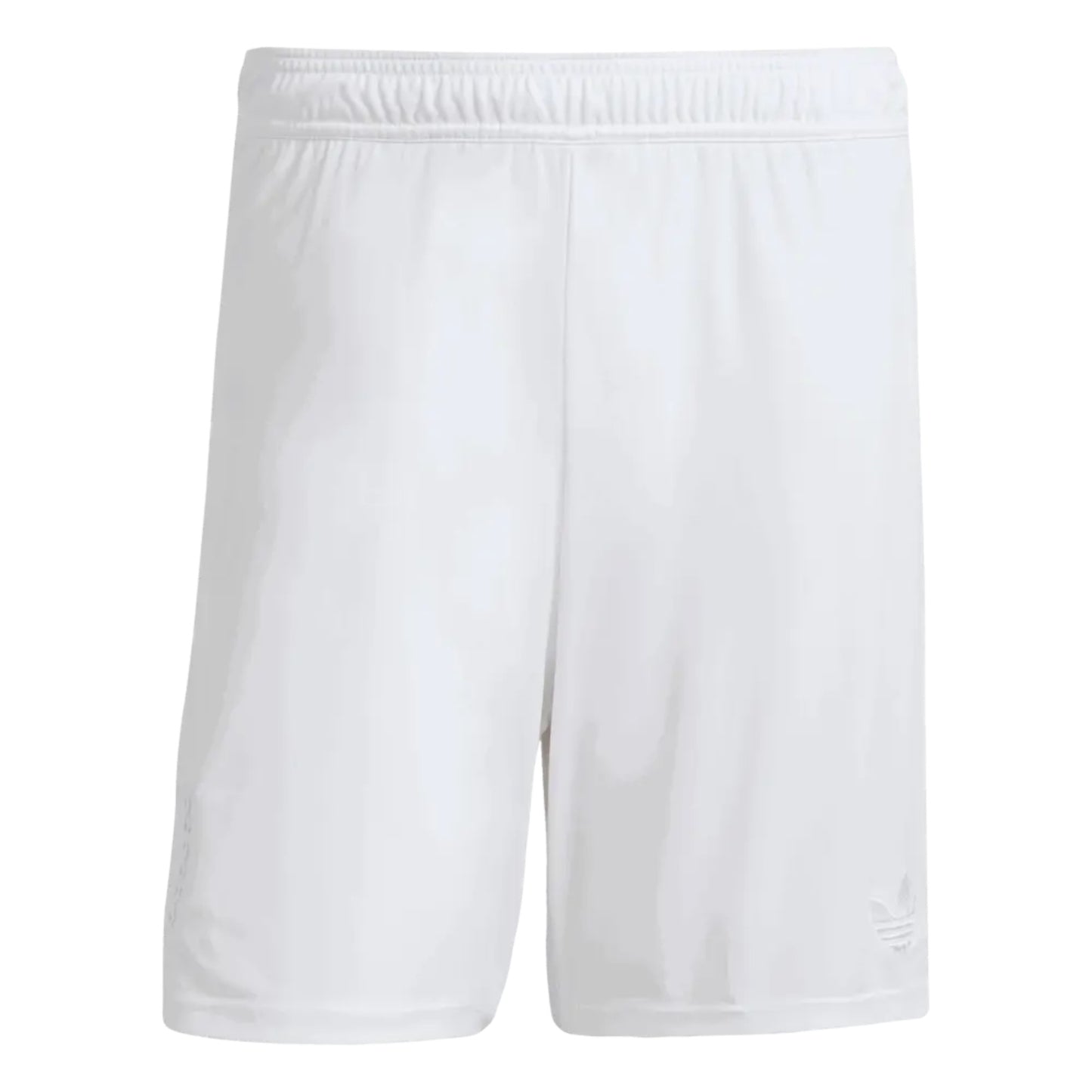 GOATkitz white polyester kids soccer shorts with elastic waistband and Adidas logo detail.