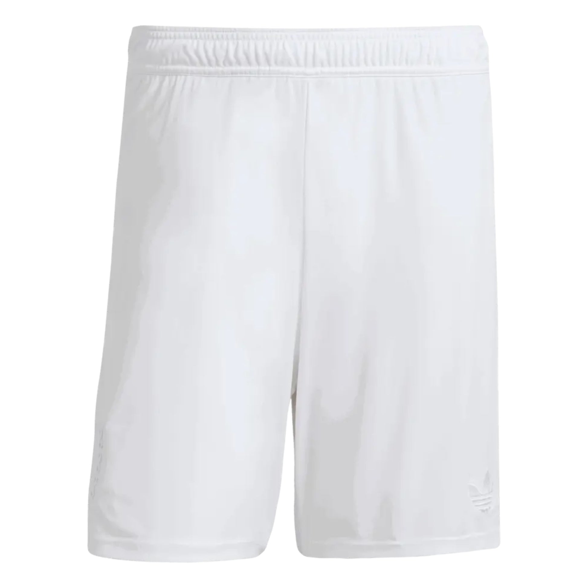 GOATkitz white polyester kids soccer shorts with elastic waistband and Adidas logo detail.