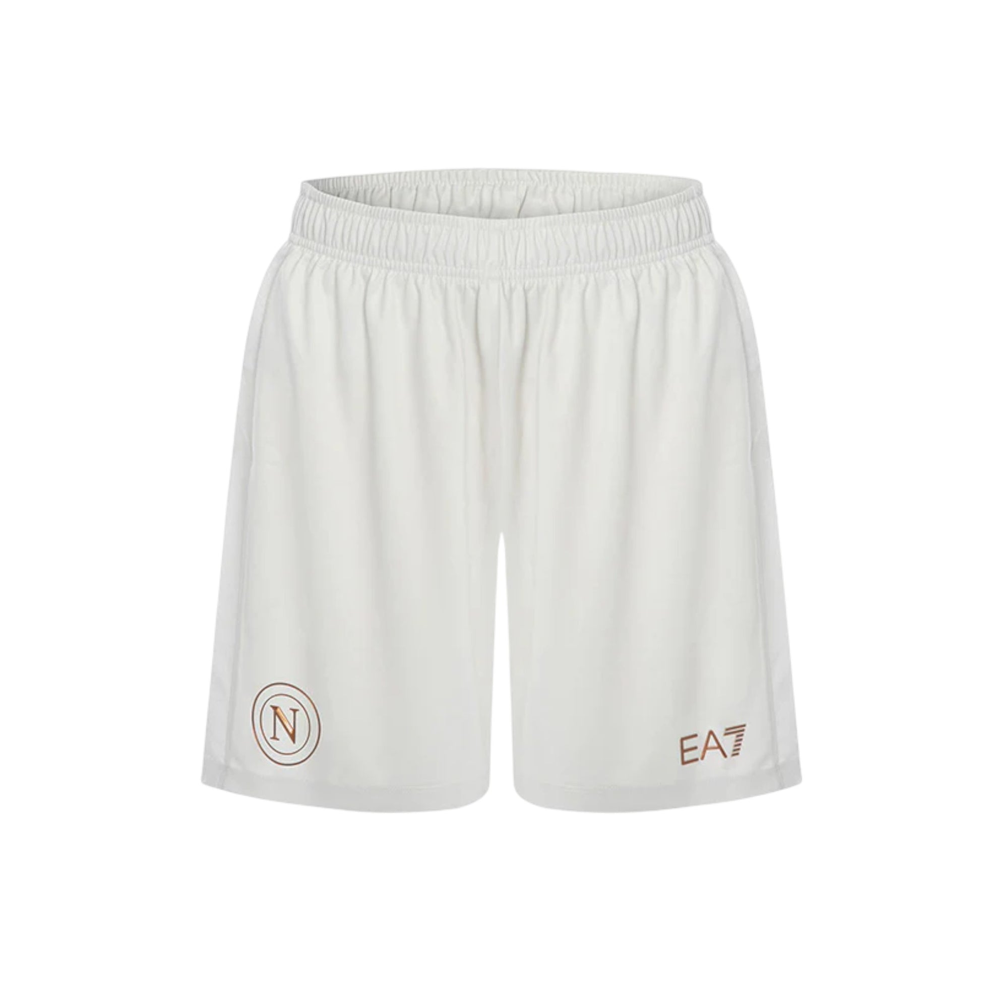 GOATkitz white kids' soccer shorts with Napoli crest and EA7 logo, elastic waistband, perfect for away games.