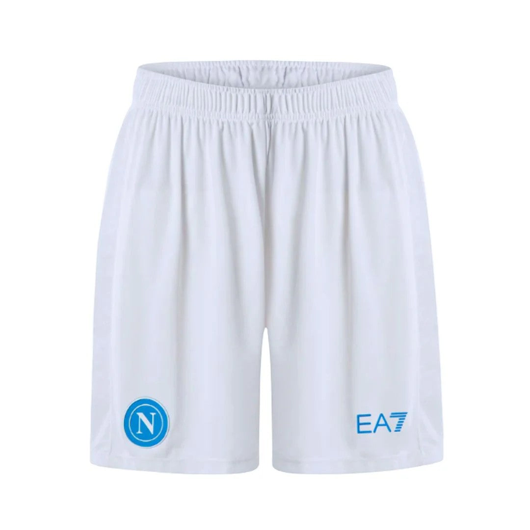 GOATkitz white kids' soccer shorts with blue Napoli crest and EA7 logo, elastic waistband.