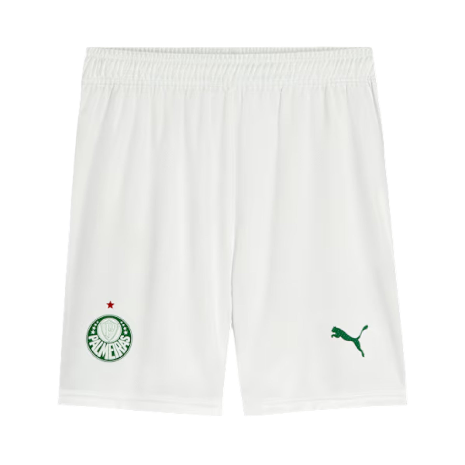 GOATkitz white kids' soccer shorts with green Palmeiras crest and Puma logo. Elastic waistband for comfort.