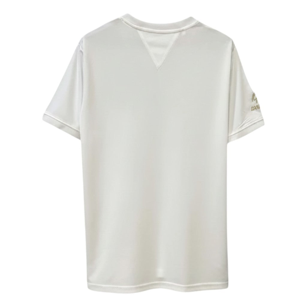 GOATkitz white short-sleeve soccer jersey, a commemorative edition with gold trim and embroidered signature on the sleeve.