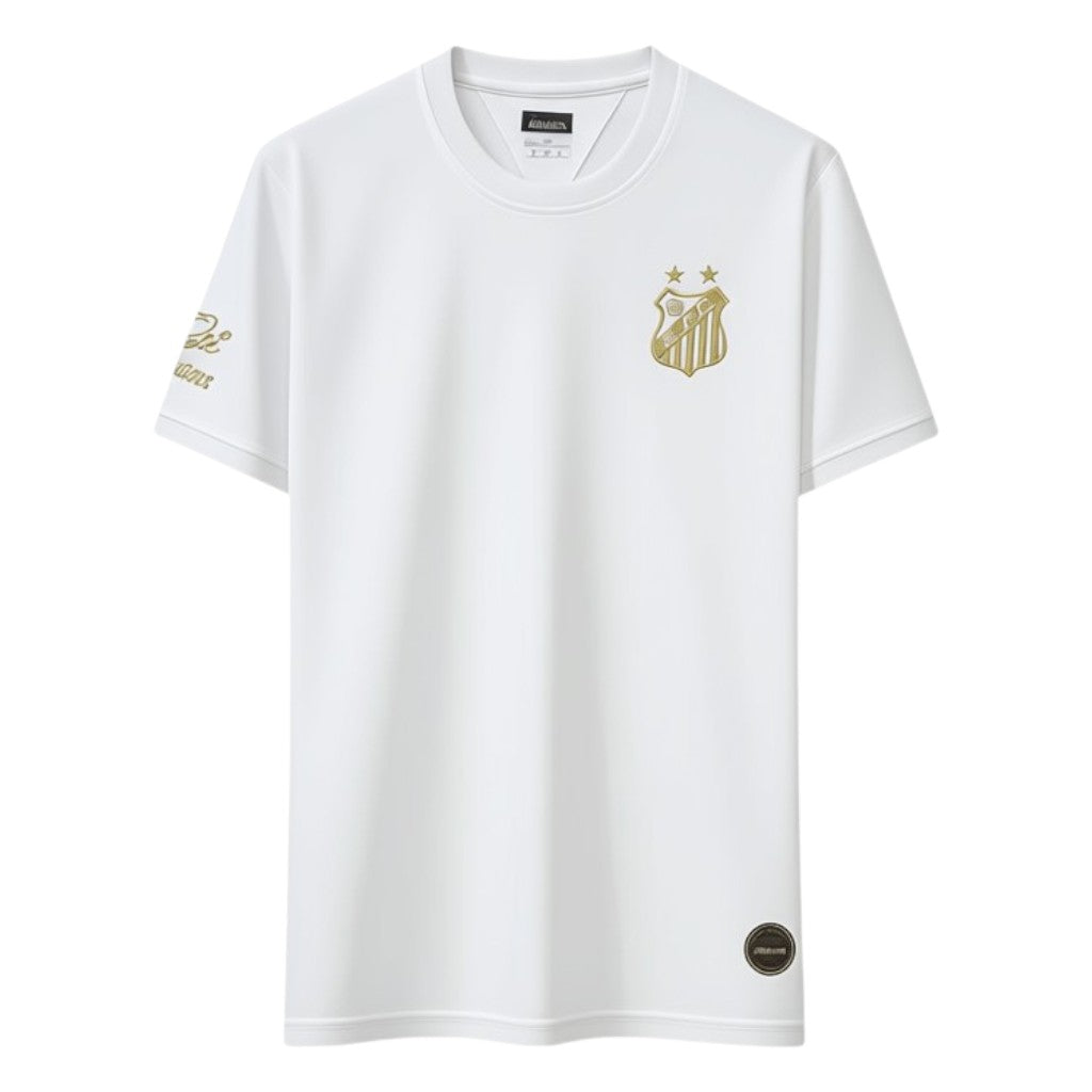 GOATkitz white Santos Pelé commemorative jersey with gold crest and two stars. Short sleeves, crew neck, fan version.