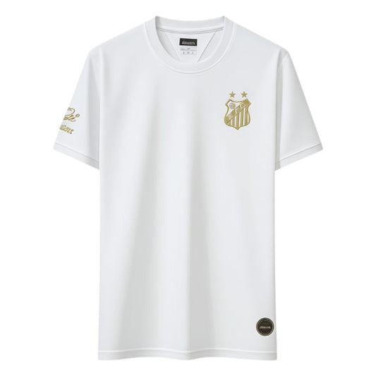 GOATkitz white Santos Pelé commemorative jersey with gold crest and two stars. Short sleeves, crew neck, fan version.
