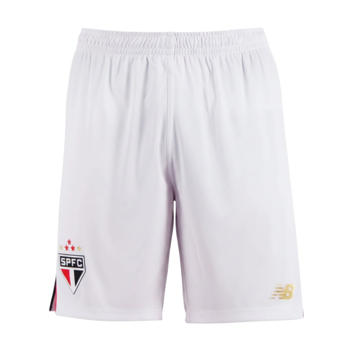 GOATkitz white kids' soccer shorts with São Paulo FC crest and New Balance logo. Elastic waistband.