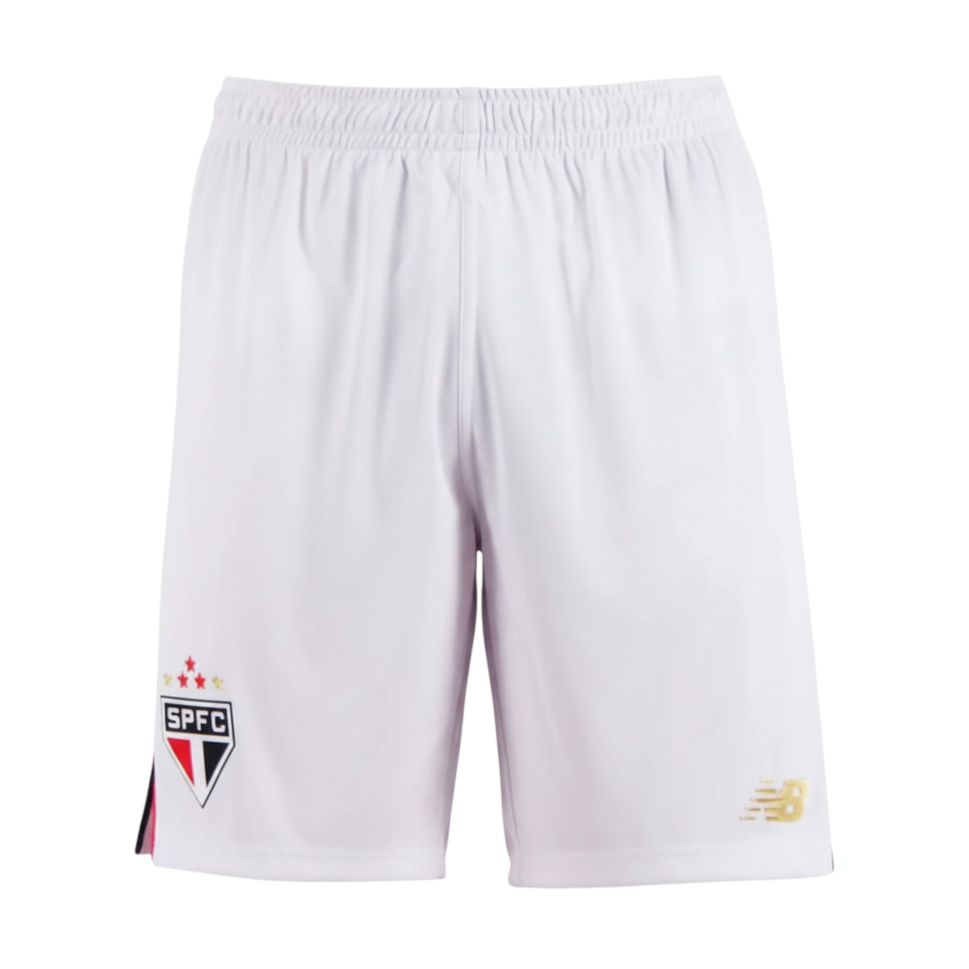 GOATkitz white kids' soccer shorts with São Paulo FC crest and New Balance logo. Elastic waistband.