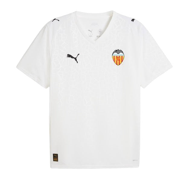 GOATkitz white Valencia 2025-26 adult home jersey with black Puma logo and team crest. Features subtle geometric pattern.