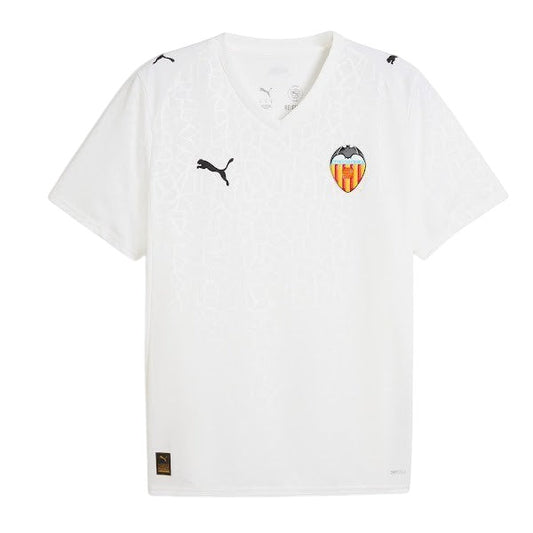 GOATkitz white Valencia 2025-26 adult home jersey with black Puma logo and team crest. Features subtle geometric pattern.